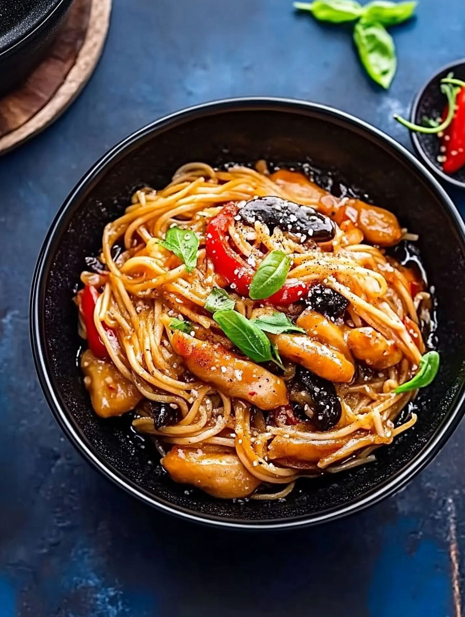 A bowl of noodles with vegetables and meat.