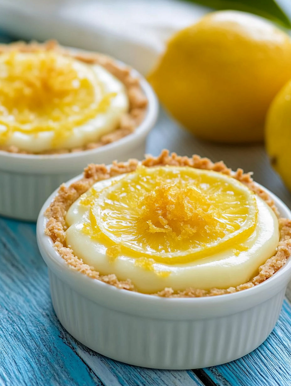 A white bowl with a slice of lemon pie in it.