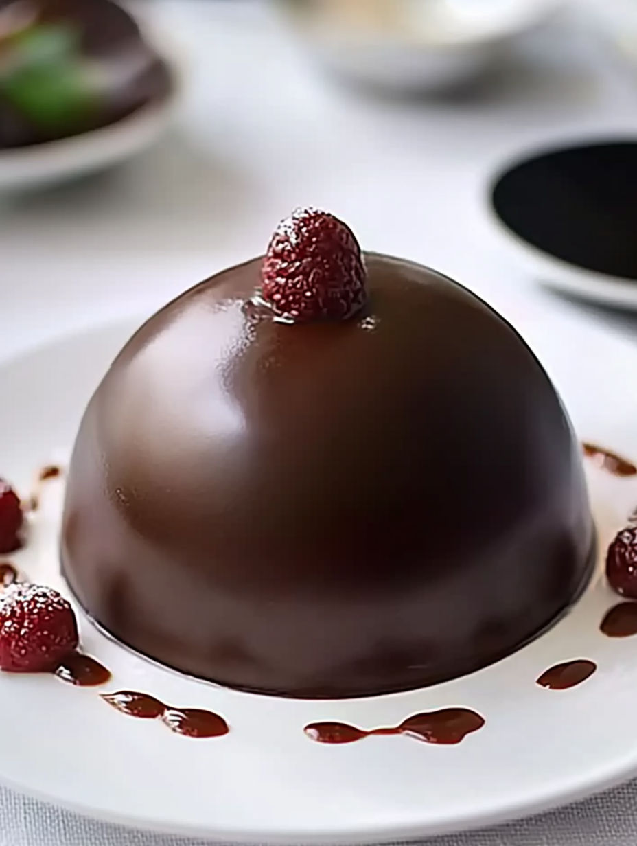 A chocolate dessert with a raspberry on top.