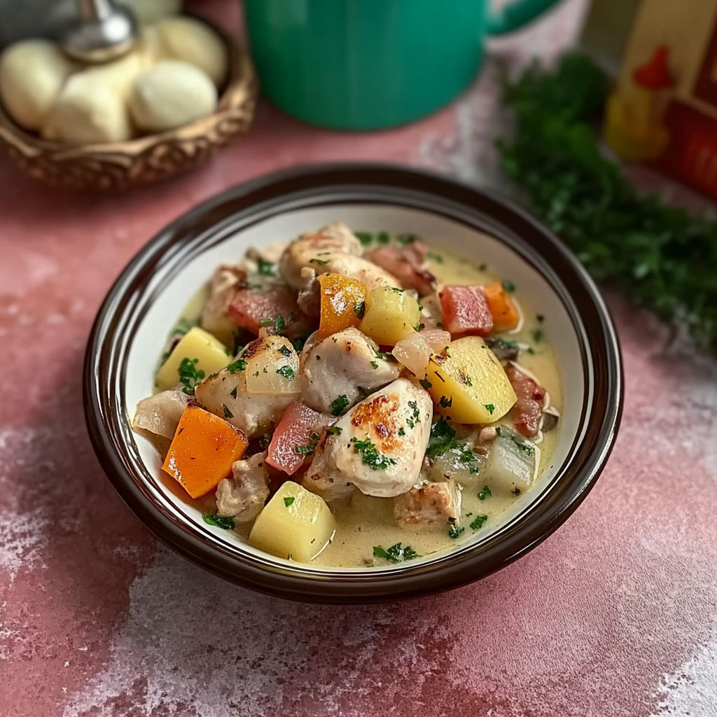 A bowl of chicken and vegetables.
