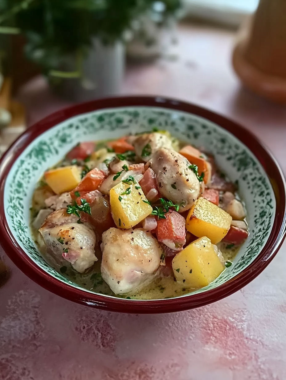 A bowl of food with a variety of vegetables and meat.