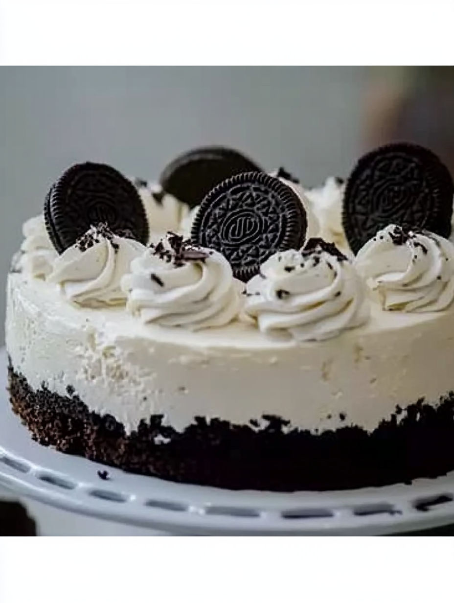 A slice of cheesecake with Oreo cookies on top.