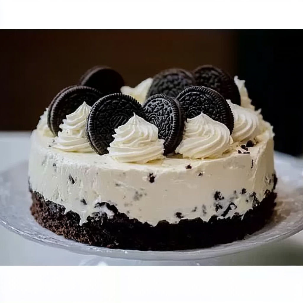 A slice of cake with white icing and black and white cookies.