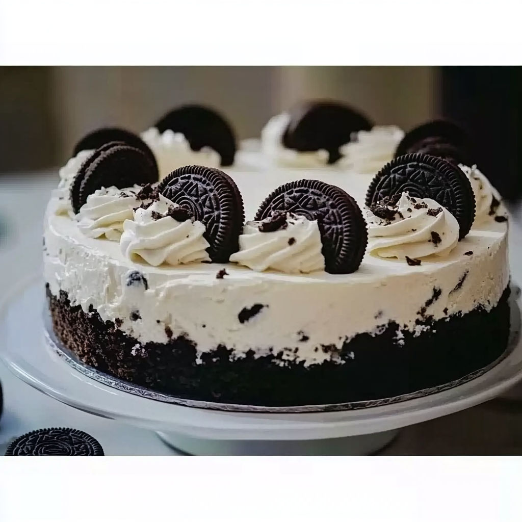 A slice of chocolate cake with white icing and black and white cookies on top.