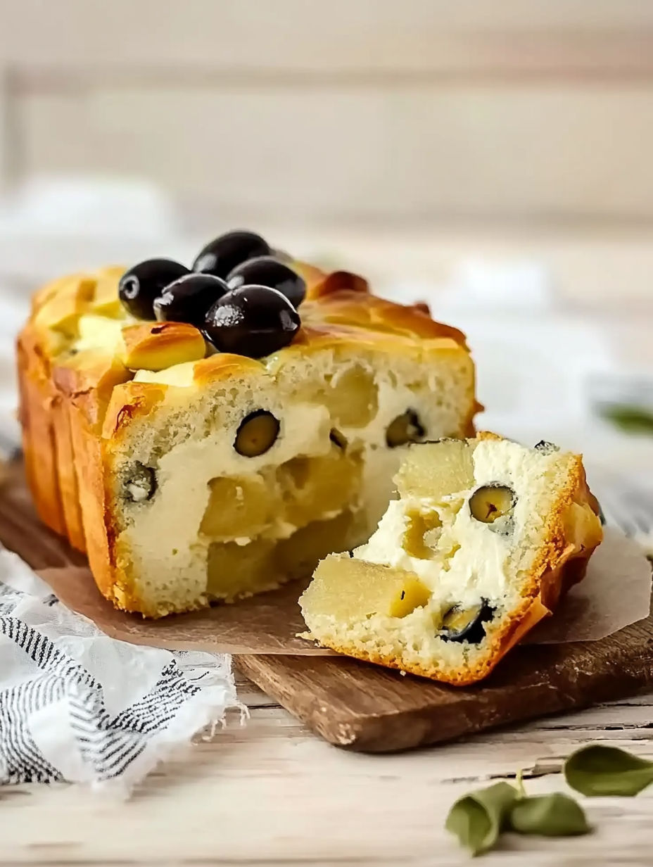 A slice of cake with black olives on top.