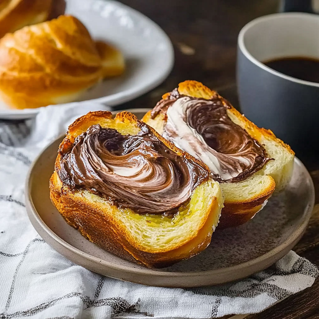 Two pieces of bread with chocolate spread on them.