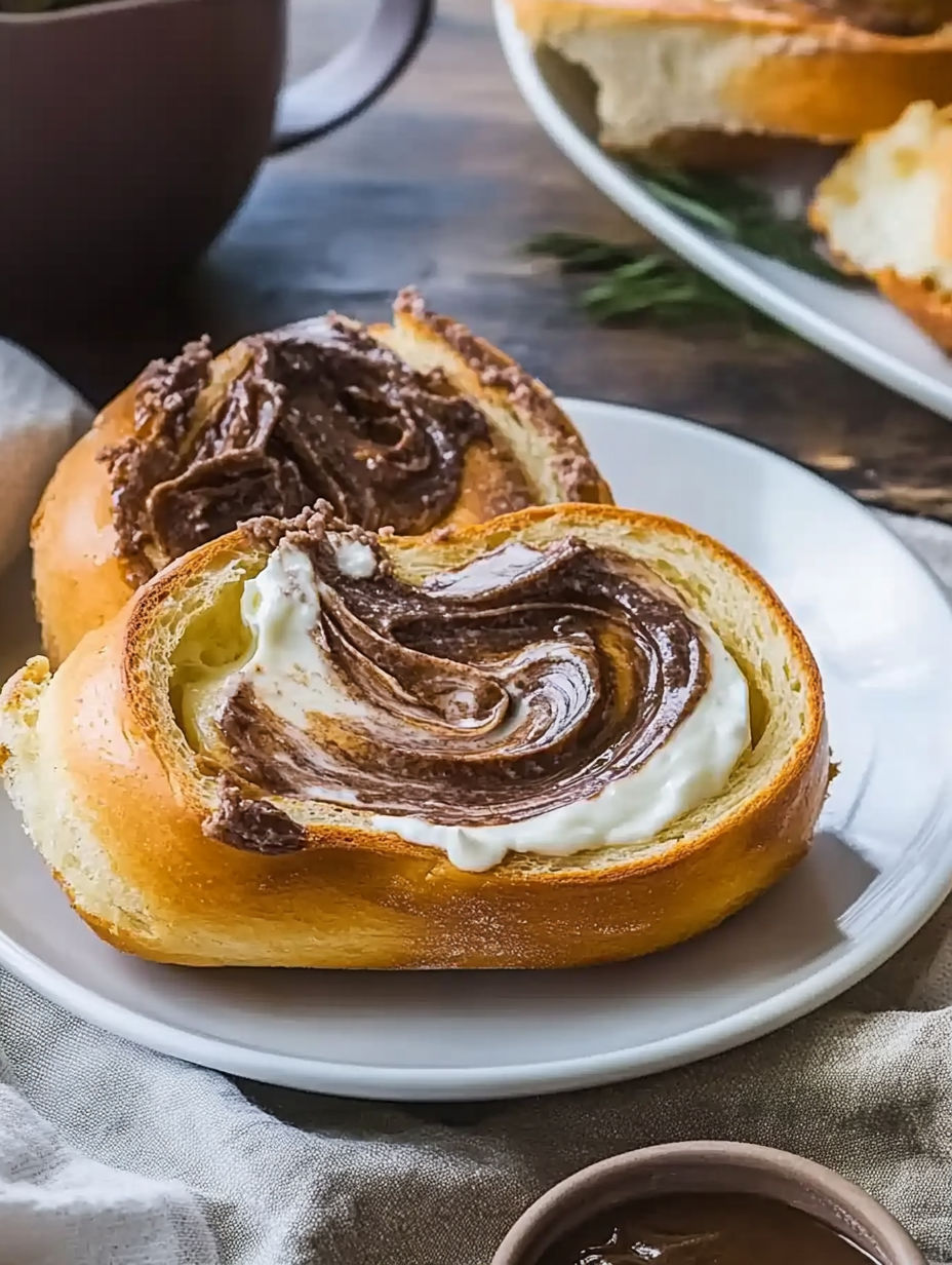 A plate with two rolls of bread with chocolate and white topping.