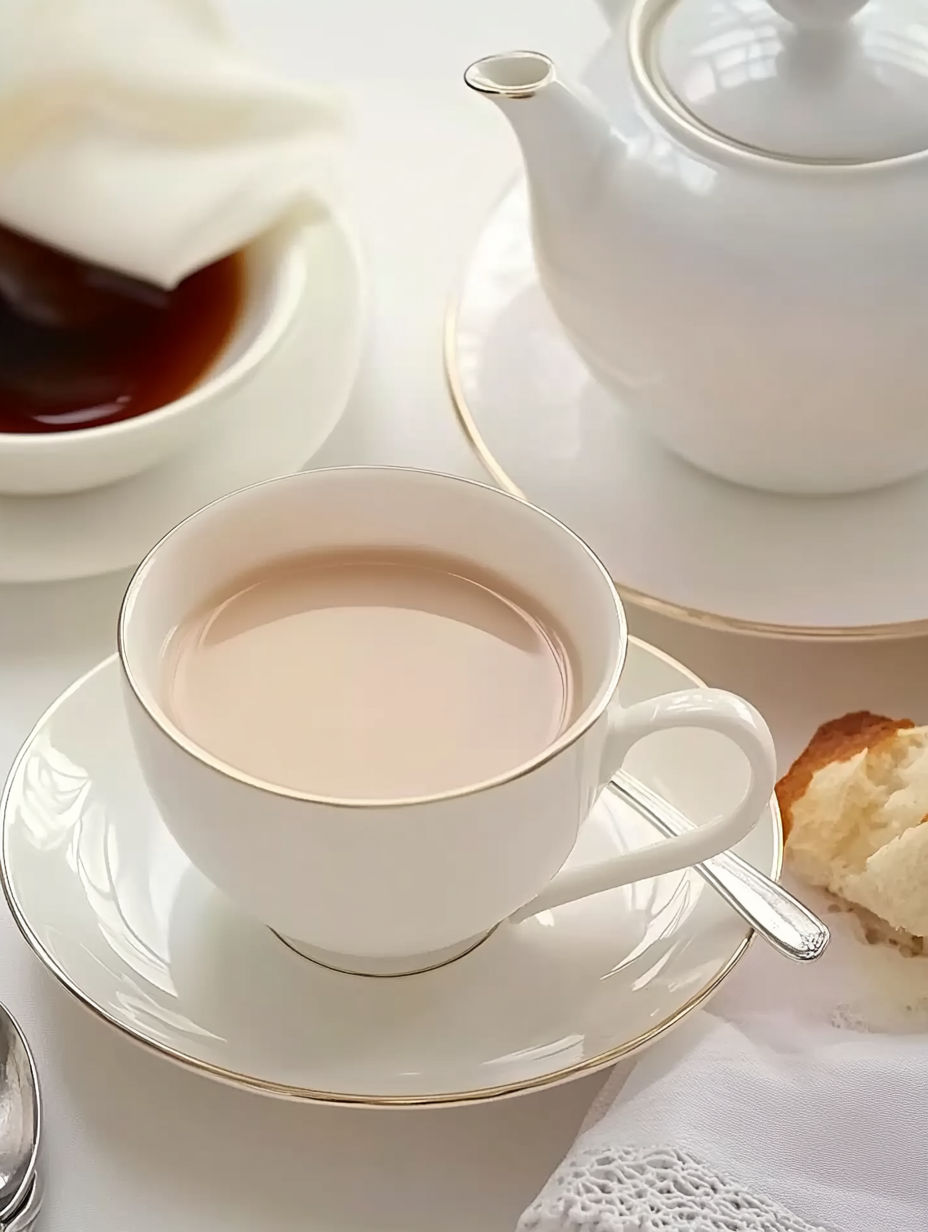 A cup of tea with a biscuit on a saucer.