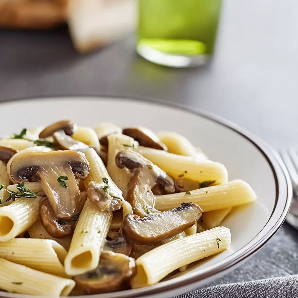 A plate of pasta with mushrooms on top.