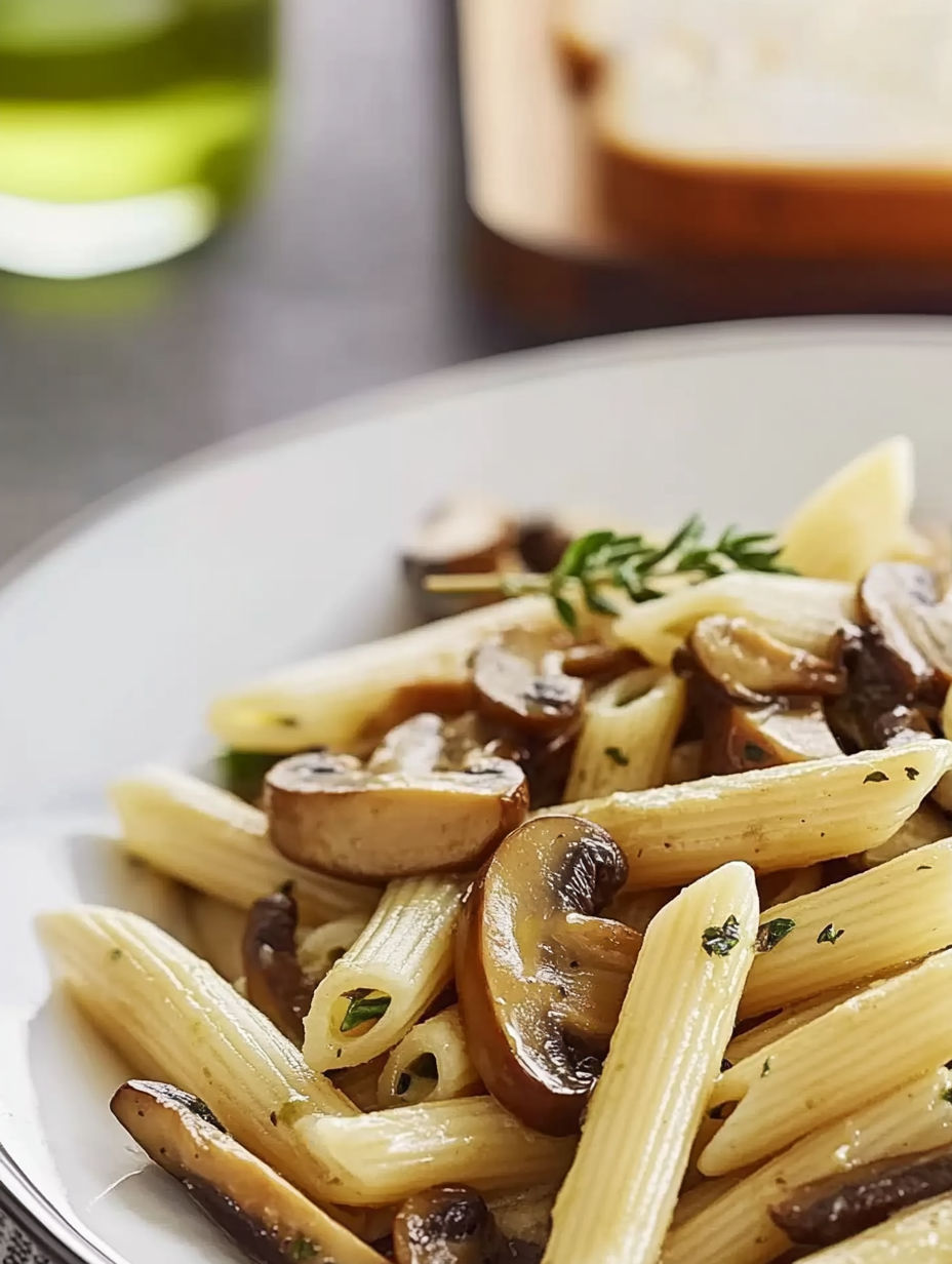 A plate of pasta with mushrooms and herbs.