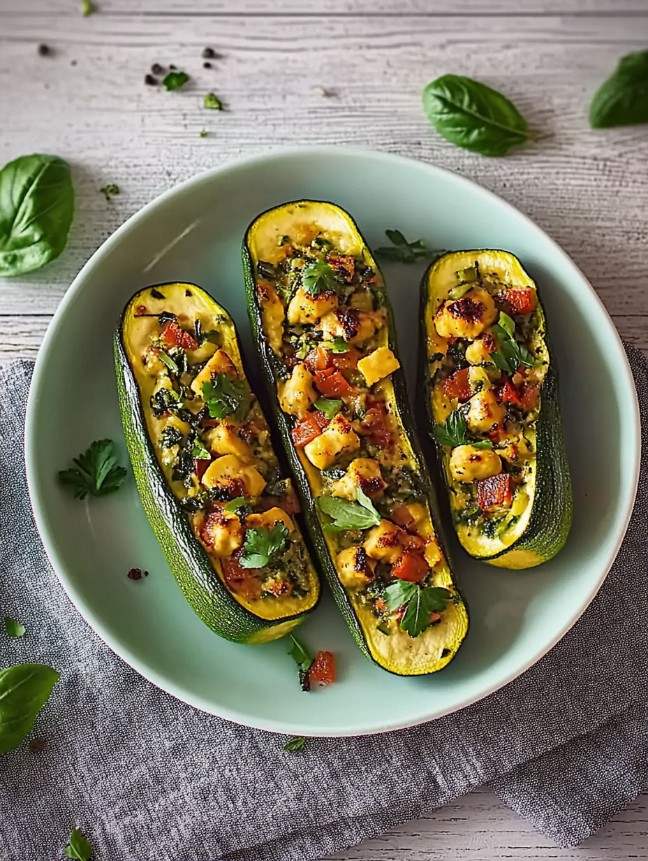 A plate of food with two zucchini slices on it.