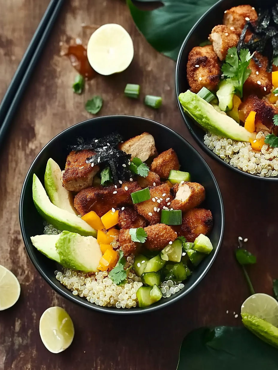 Two bowls of food with chicken, rice, and vegetables.