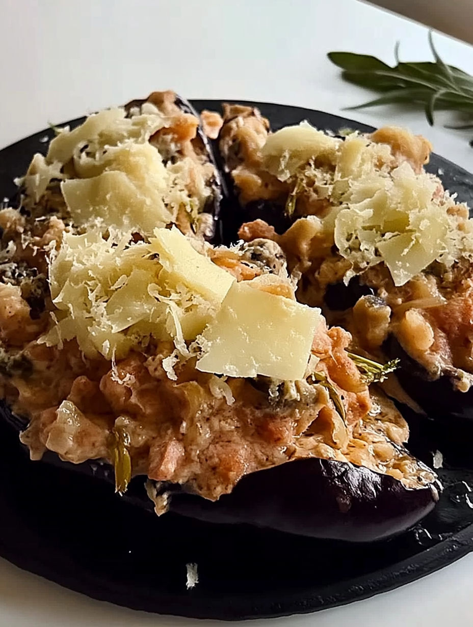 A plate of food with aubergines farcies au thon.