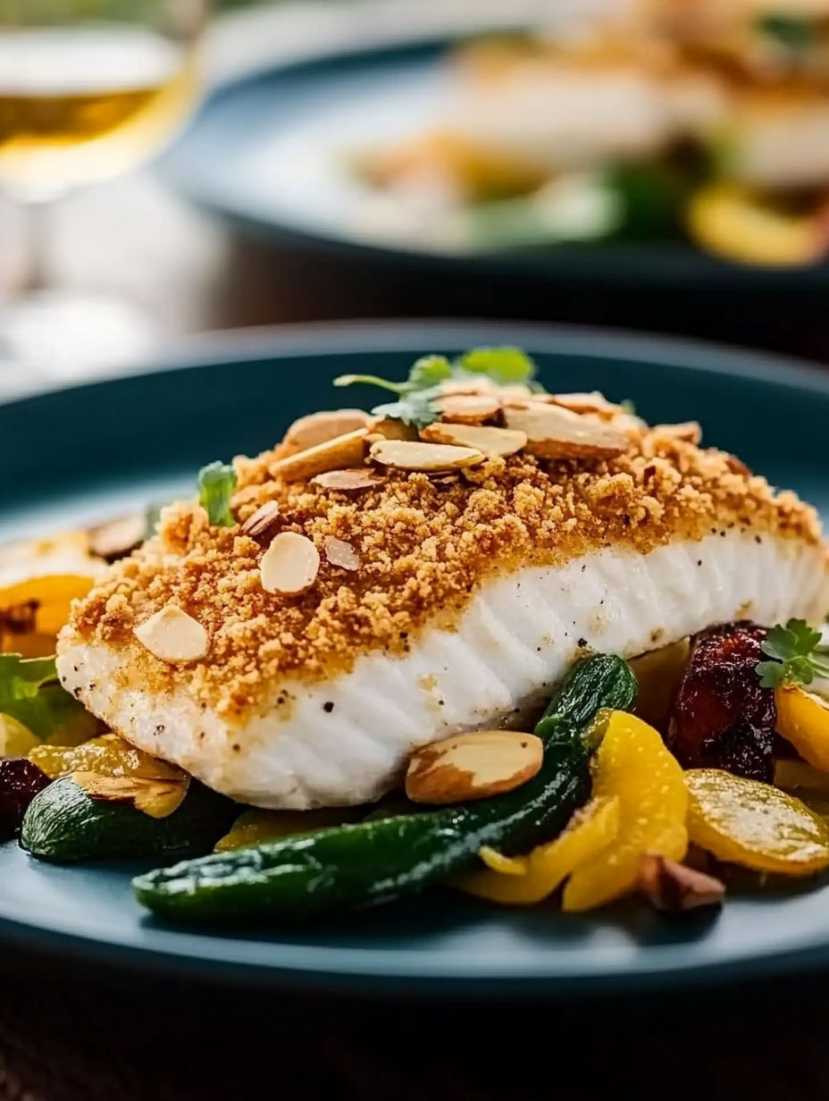 A plate of food with a fish dish and vegetables.