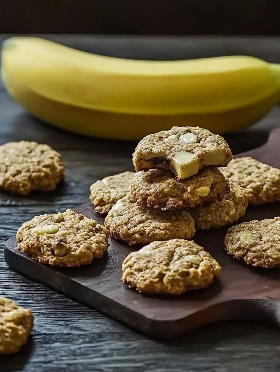 A banana and cookies on a table.