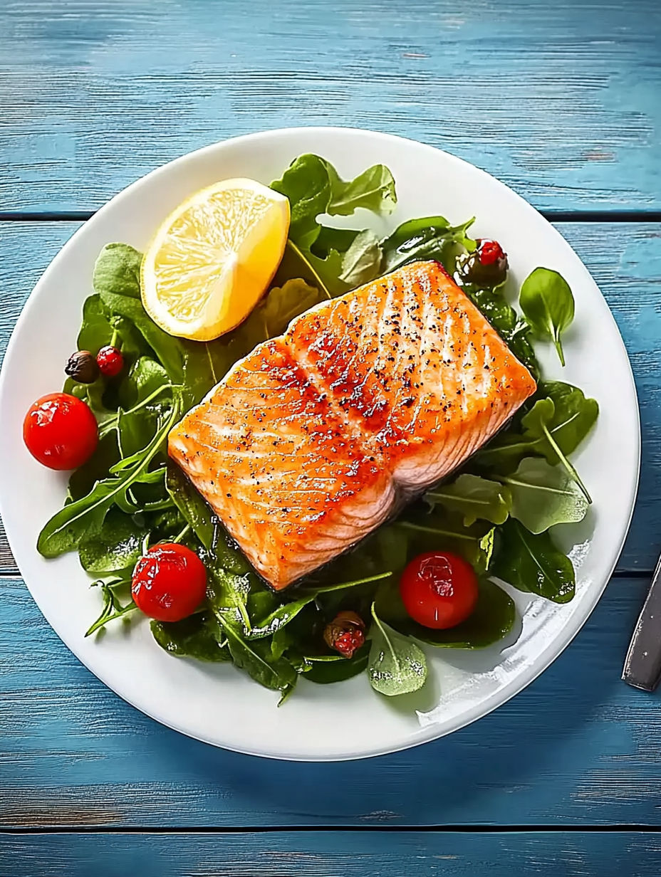 A plate of food with fish and vegetables.