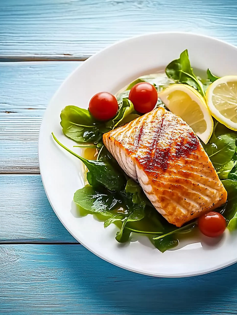 A plate of food with fish, tomatoes, and lettuce.