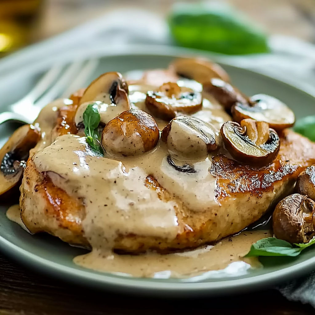 A plate of chicken with mushrooms on top.