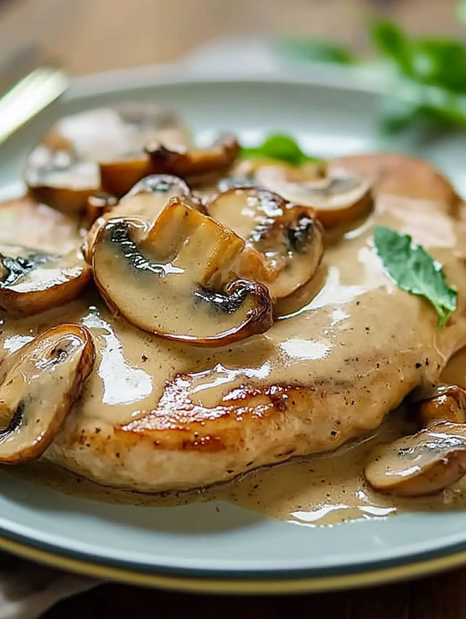 A plate of food with mushrooms and gravy.