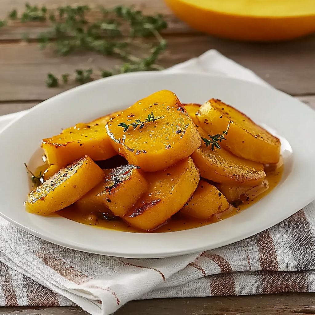 A plate of roasted pears with thyme and garlic.