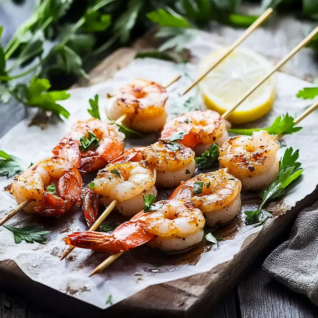 A plate of shrimp skewers with lemon wedges.