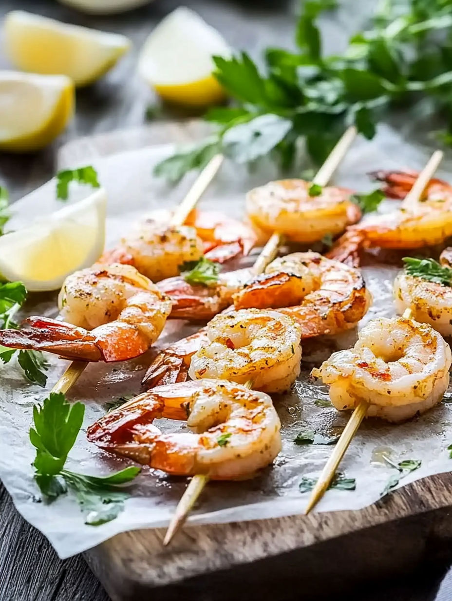 Shrimp skewers with lemon wedges and herbs.