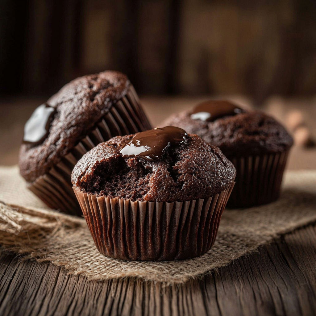 Three chocolate muffins on a table.