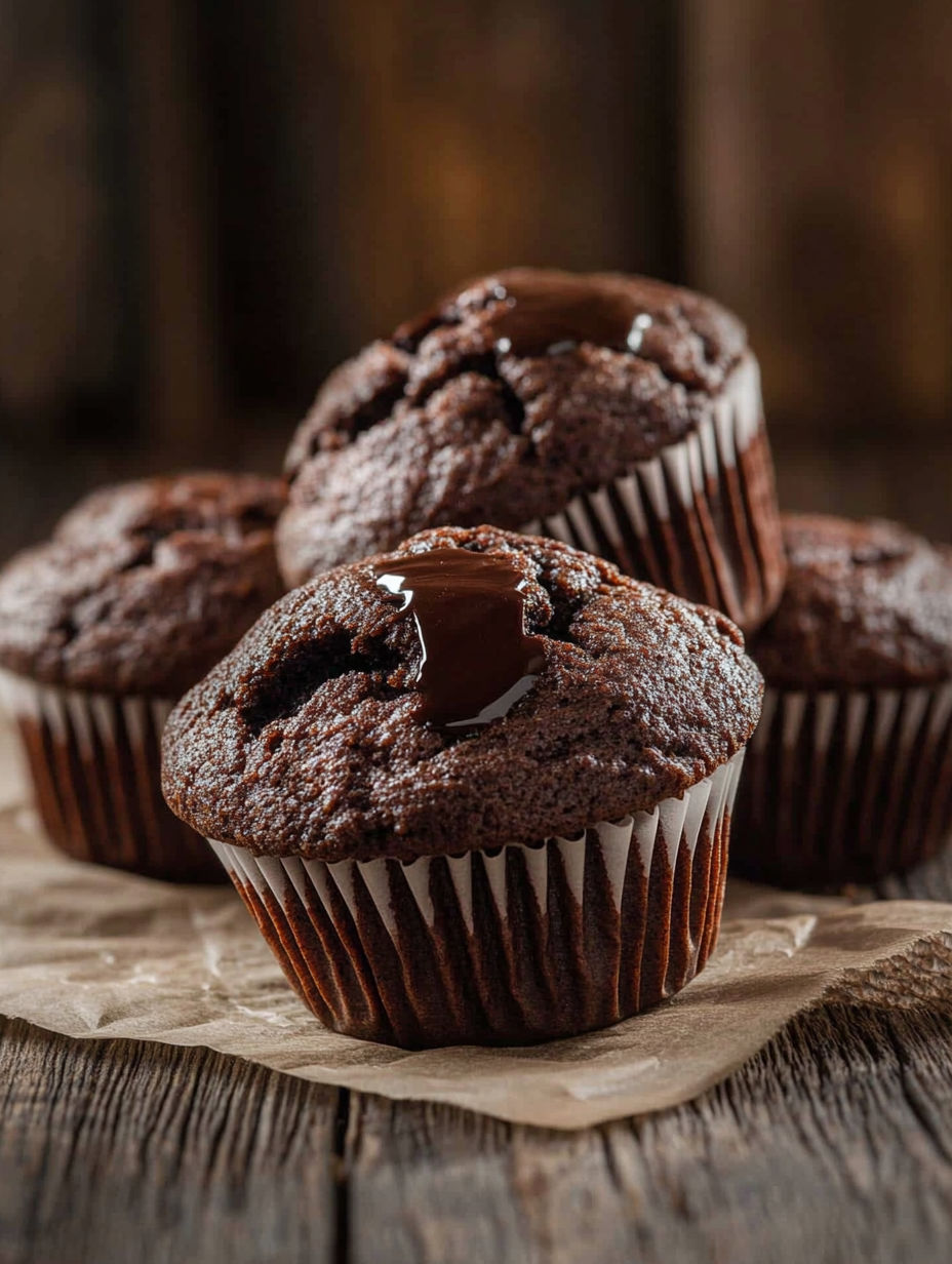 Chocolate muffins with chocolate drizzle.