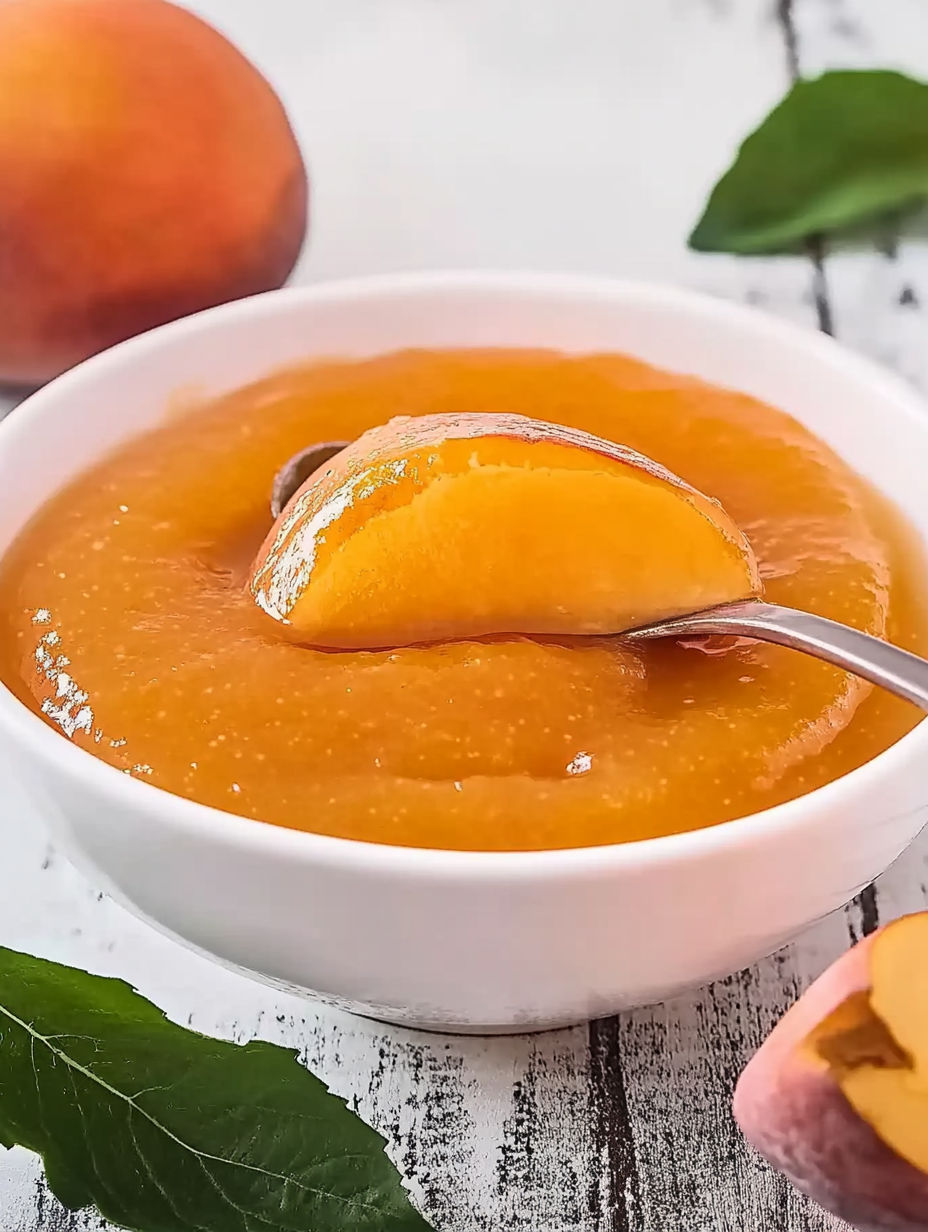 A bowl of peaches with a spoon in it.