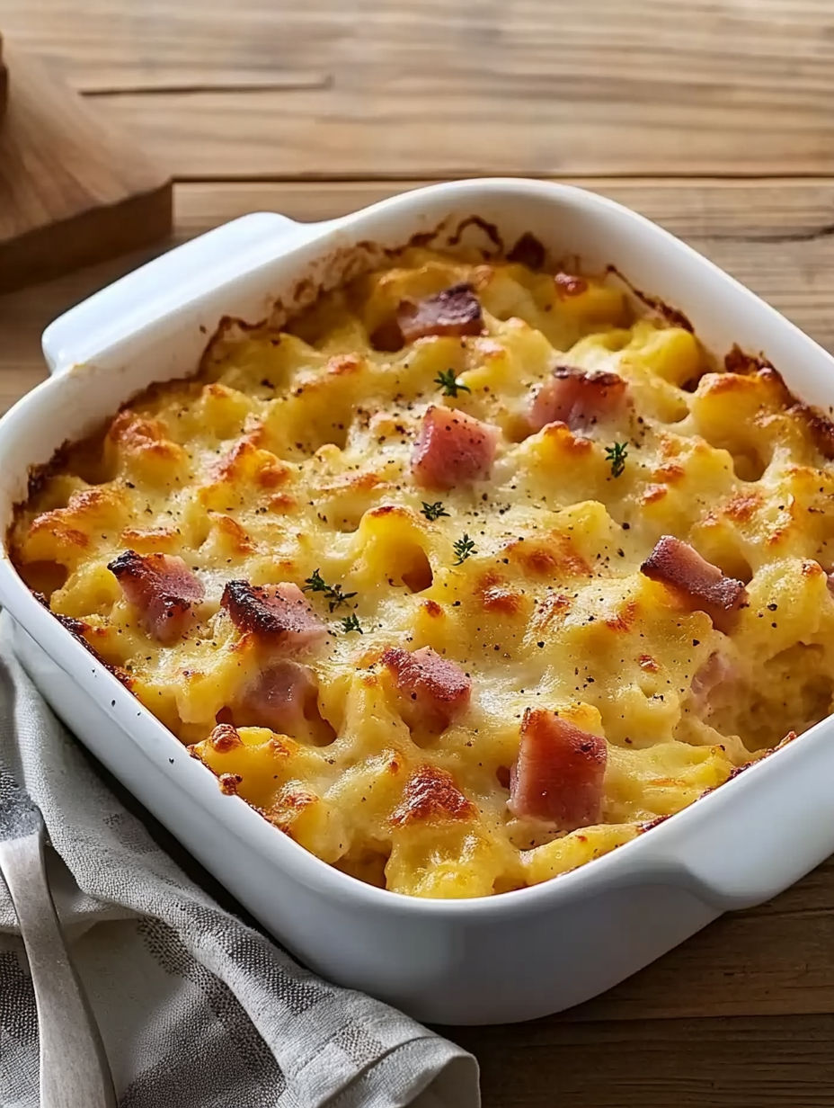 A white bowl filled with a delicious casserole.