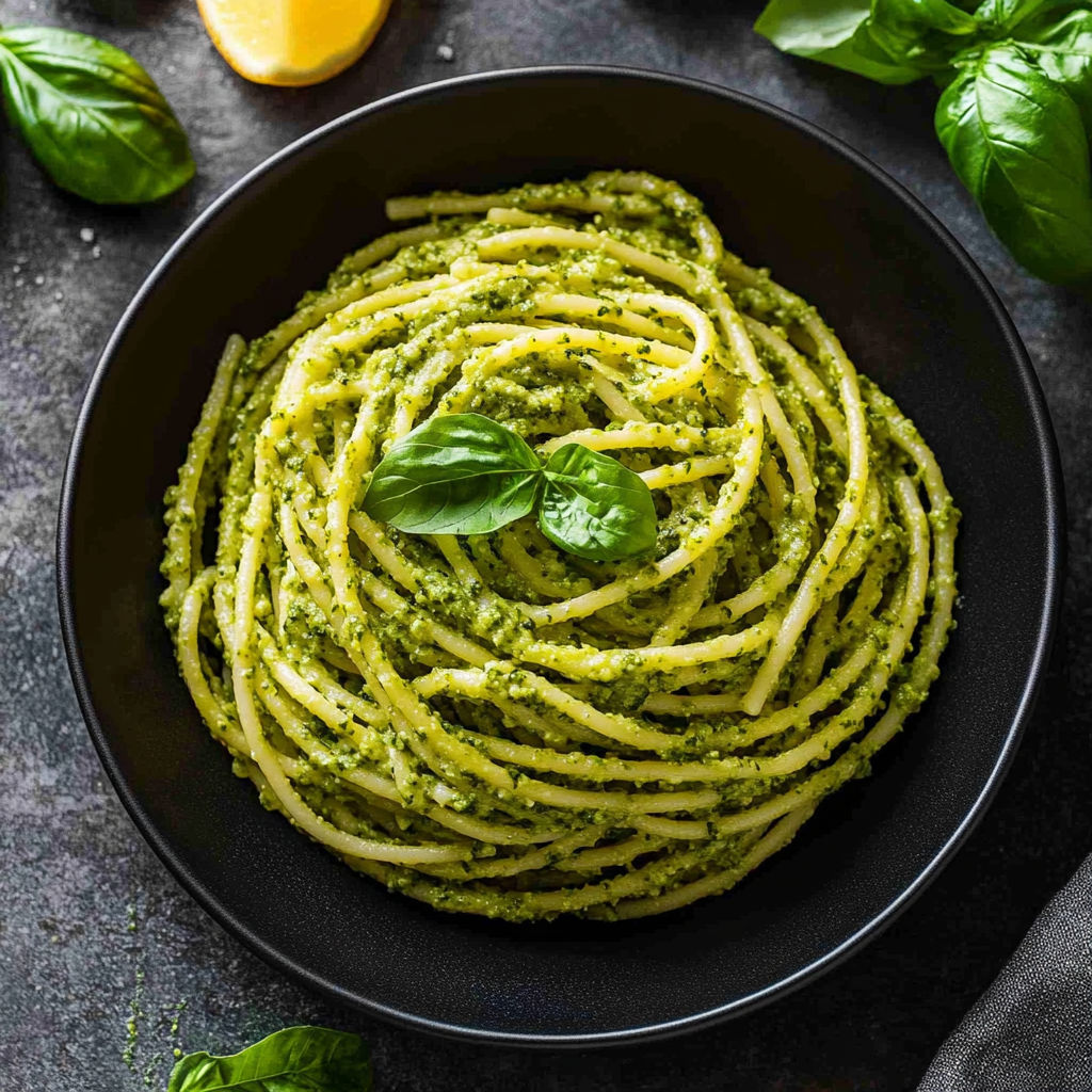A bowl of spaghetti with pesto sauce.