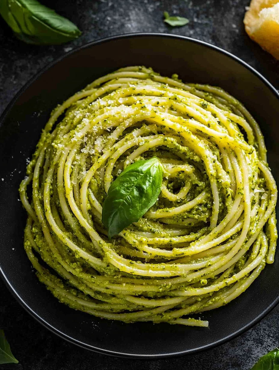 A bowl of pasta with a green leaf on top.