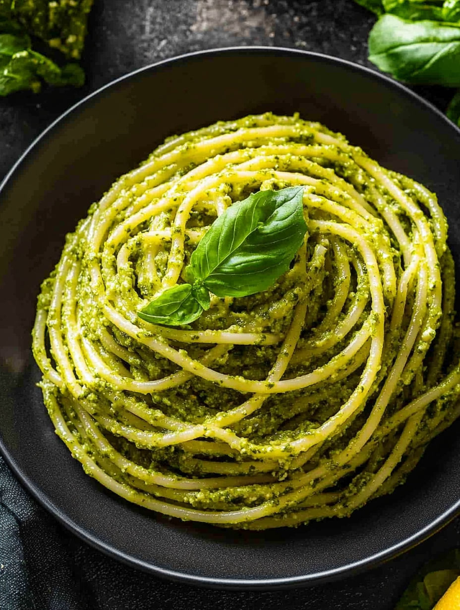 A bowl of spaghetti with a green sauce and a leaf on top.