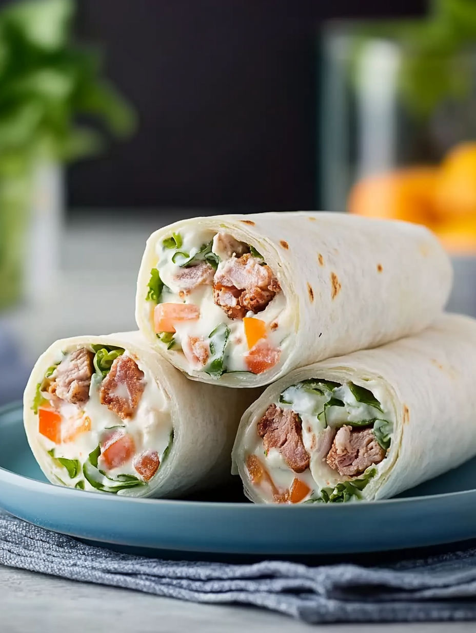 A wrap with meat and vegetables on a blue plate.