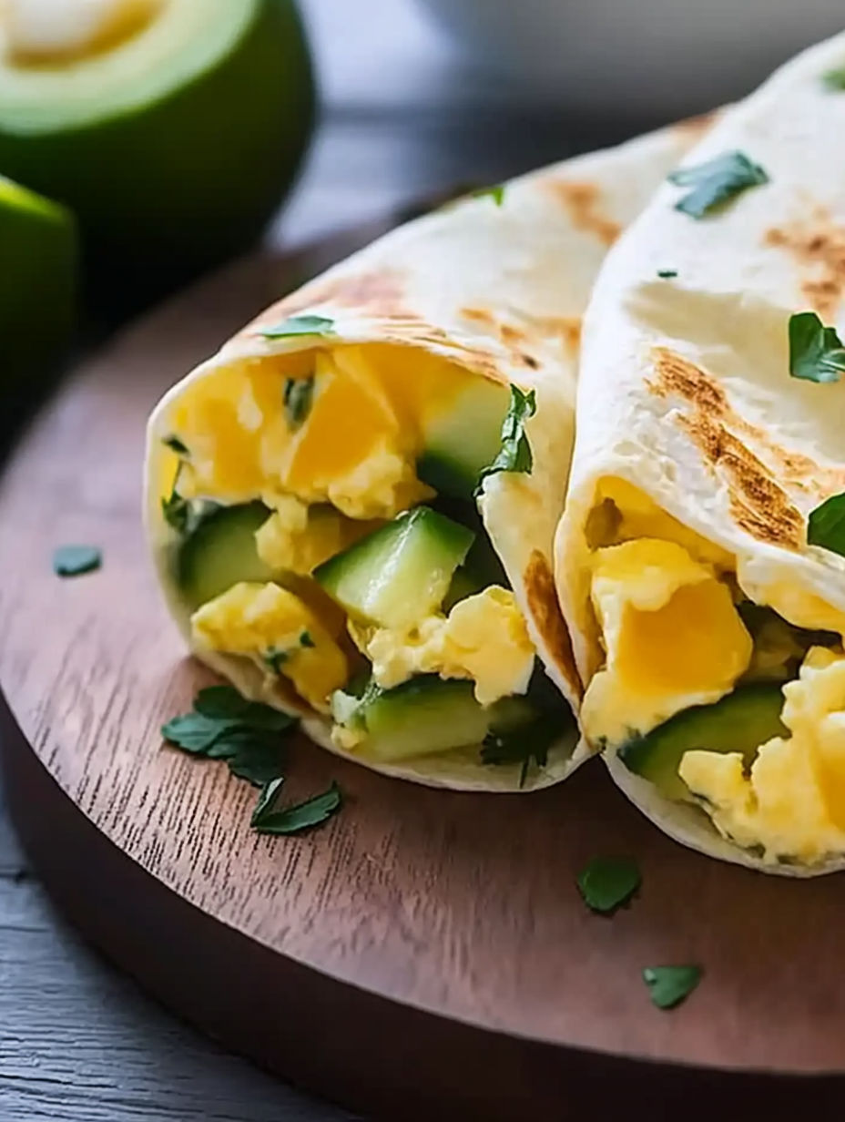 A burrito with cucumber and egg.