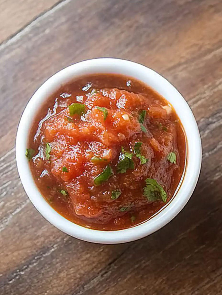 A small bowl of sauce with a green garnish.