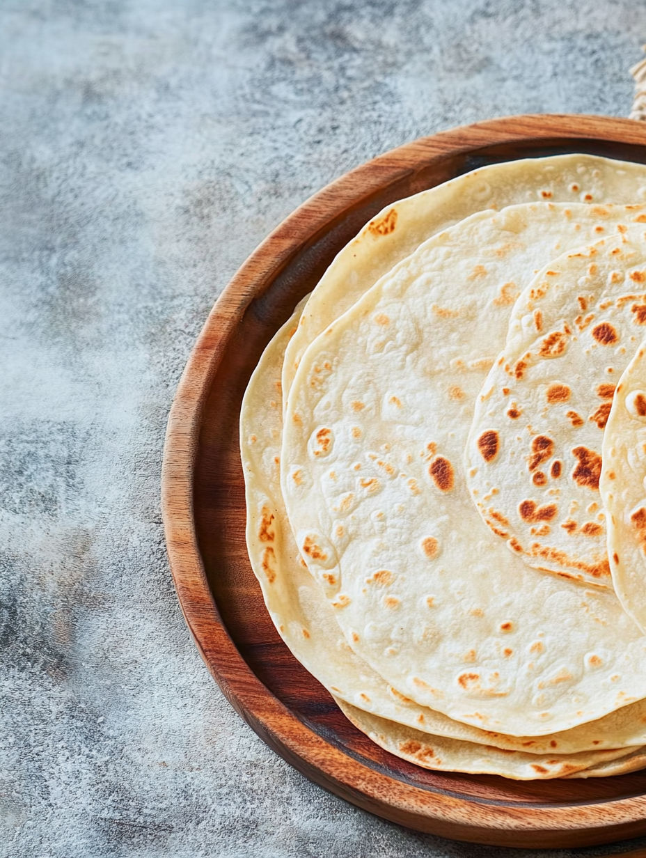 A wooden tray with three tortillas on it.