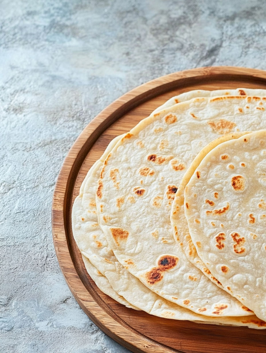 A wooden tray with three tortillas on it.