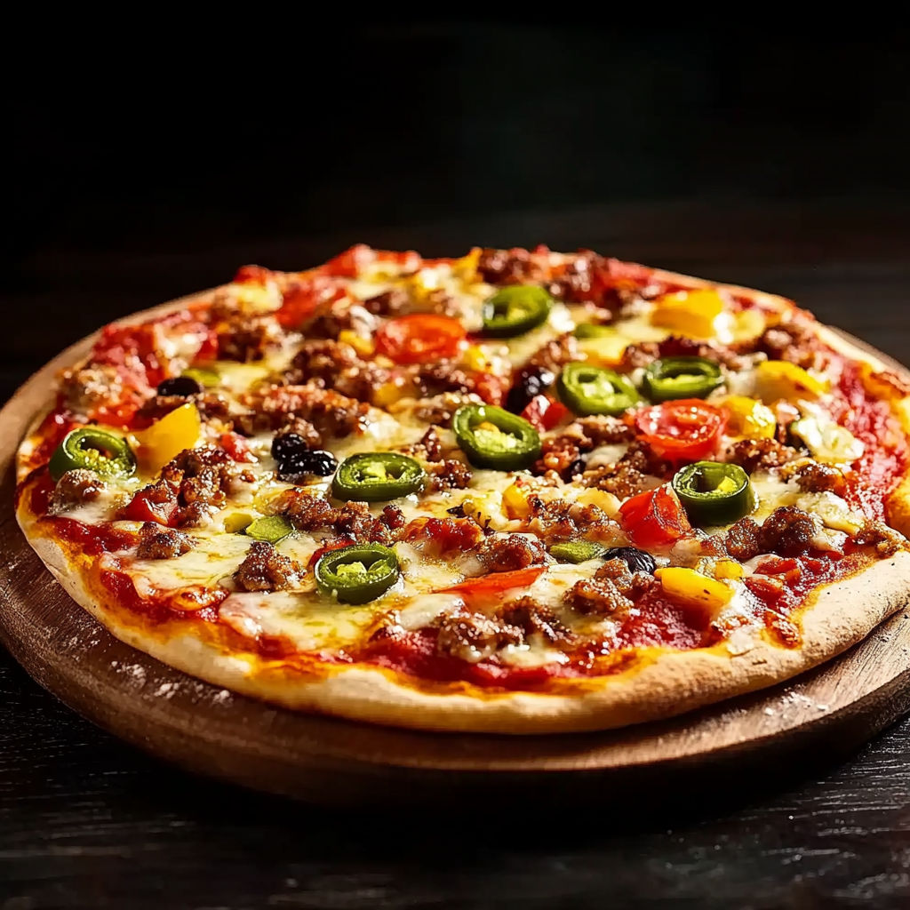 A pizza with a variety of toppings including peppers and meat.