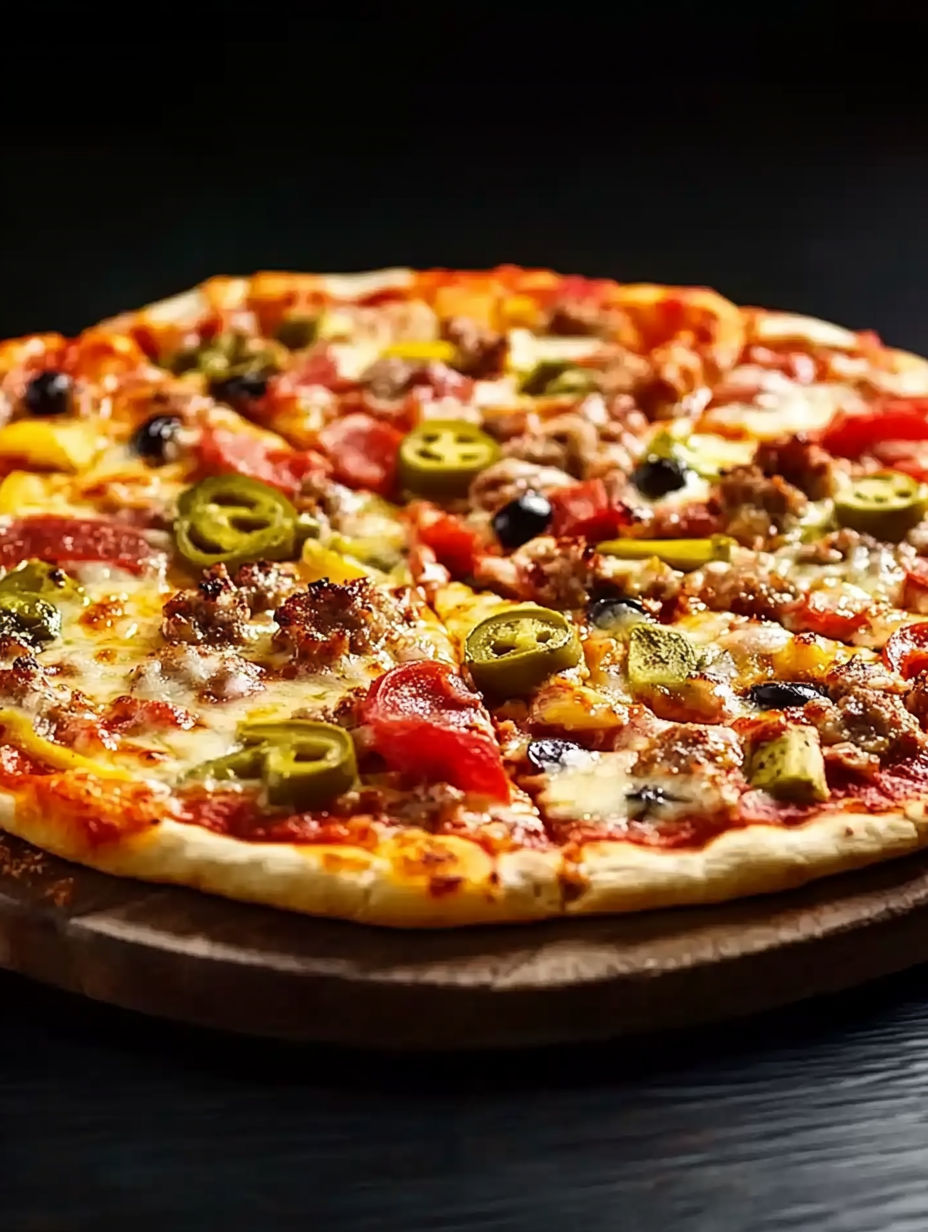 A pizza with pepperoni, sausage, and jalapenos.