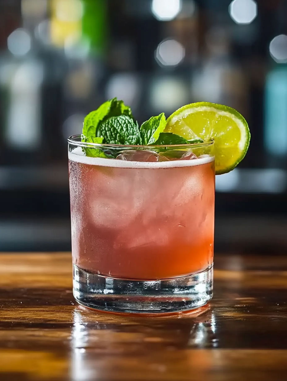 A glass of pink drink with a slice of lime and a sprig of mint.