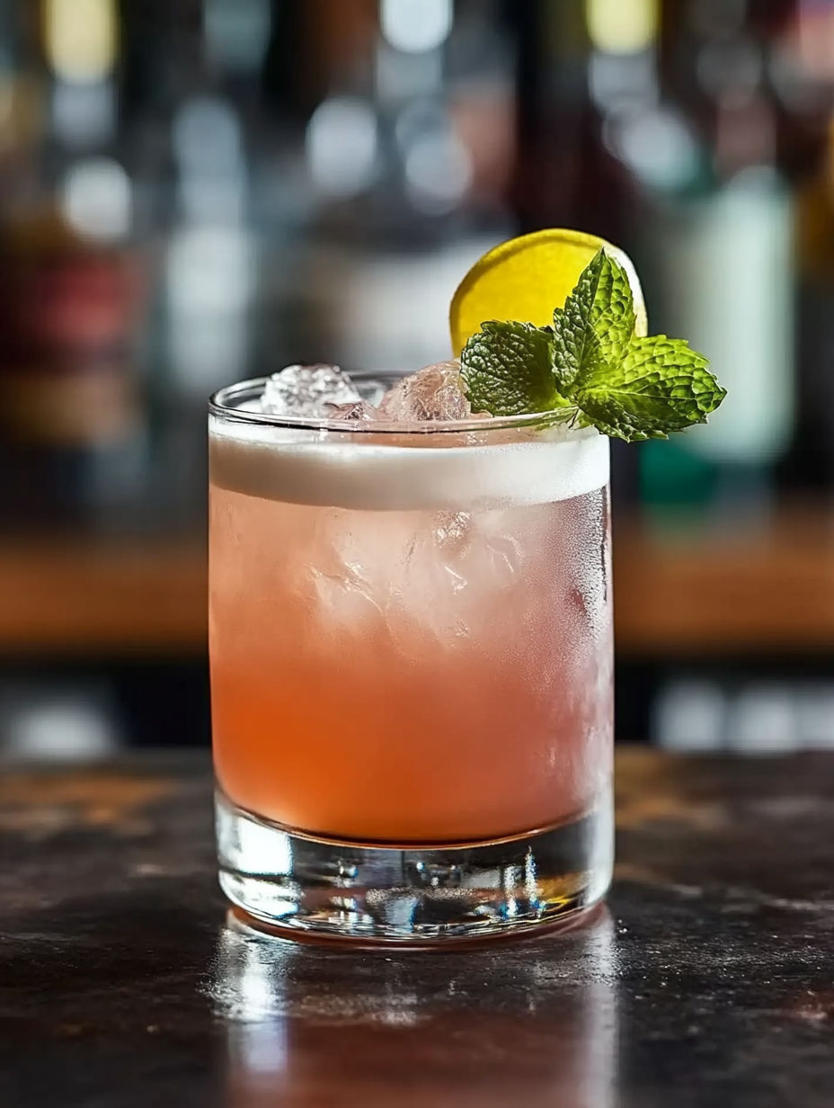 A glass of pink liquid with a lemon wedge on top.