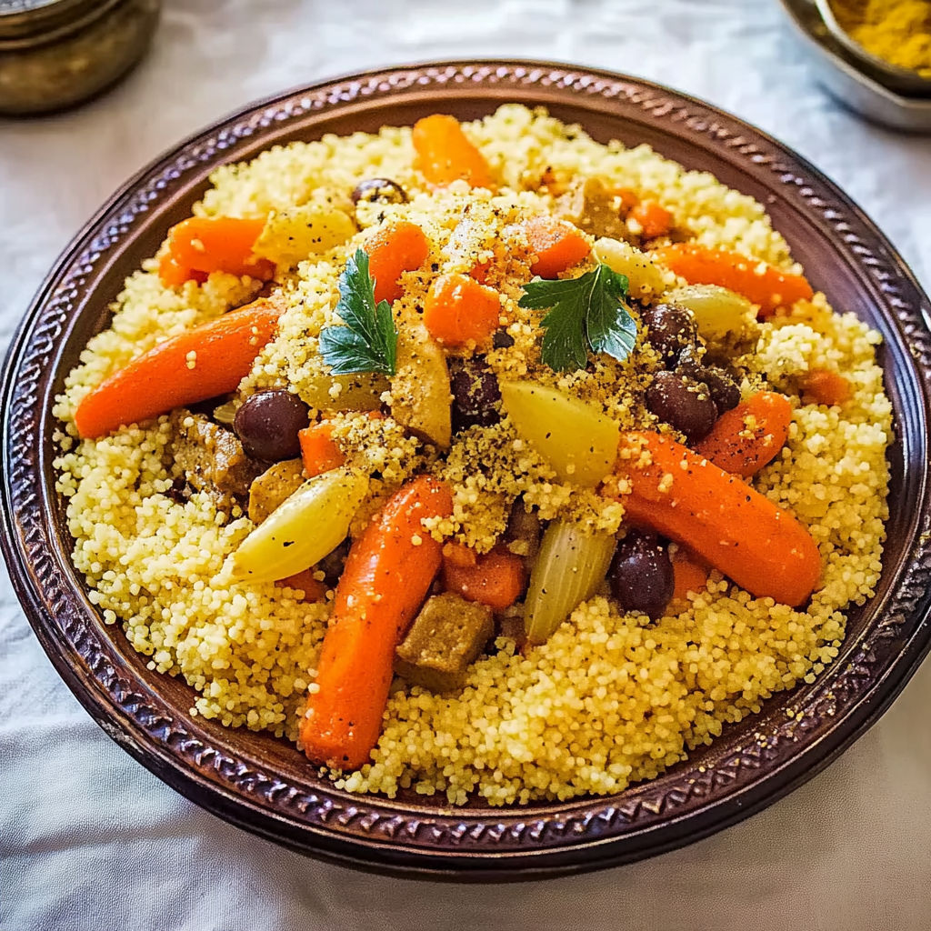 A plate of couscous with carrots and other vegetables.