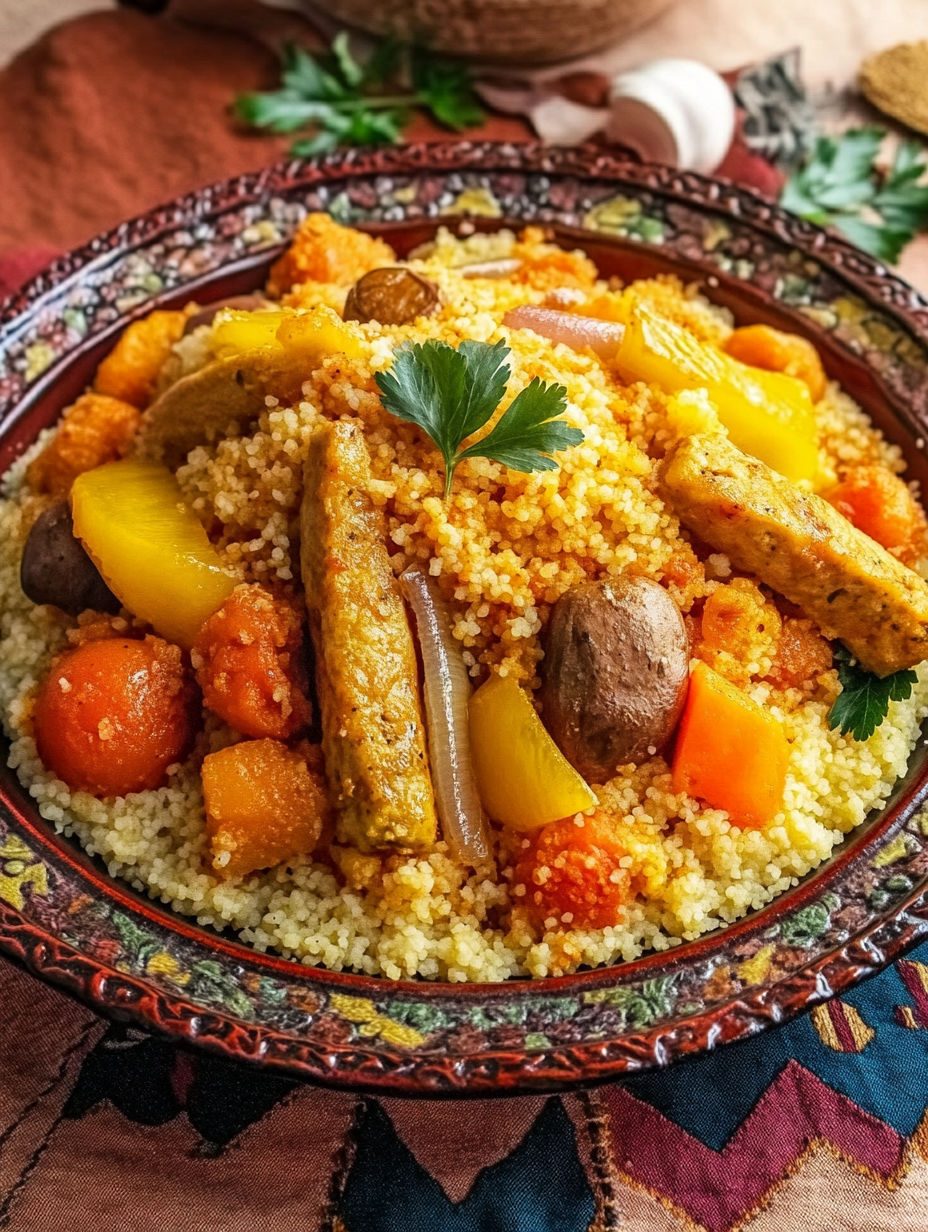 A bowl of rice with meat and vegetables.