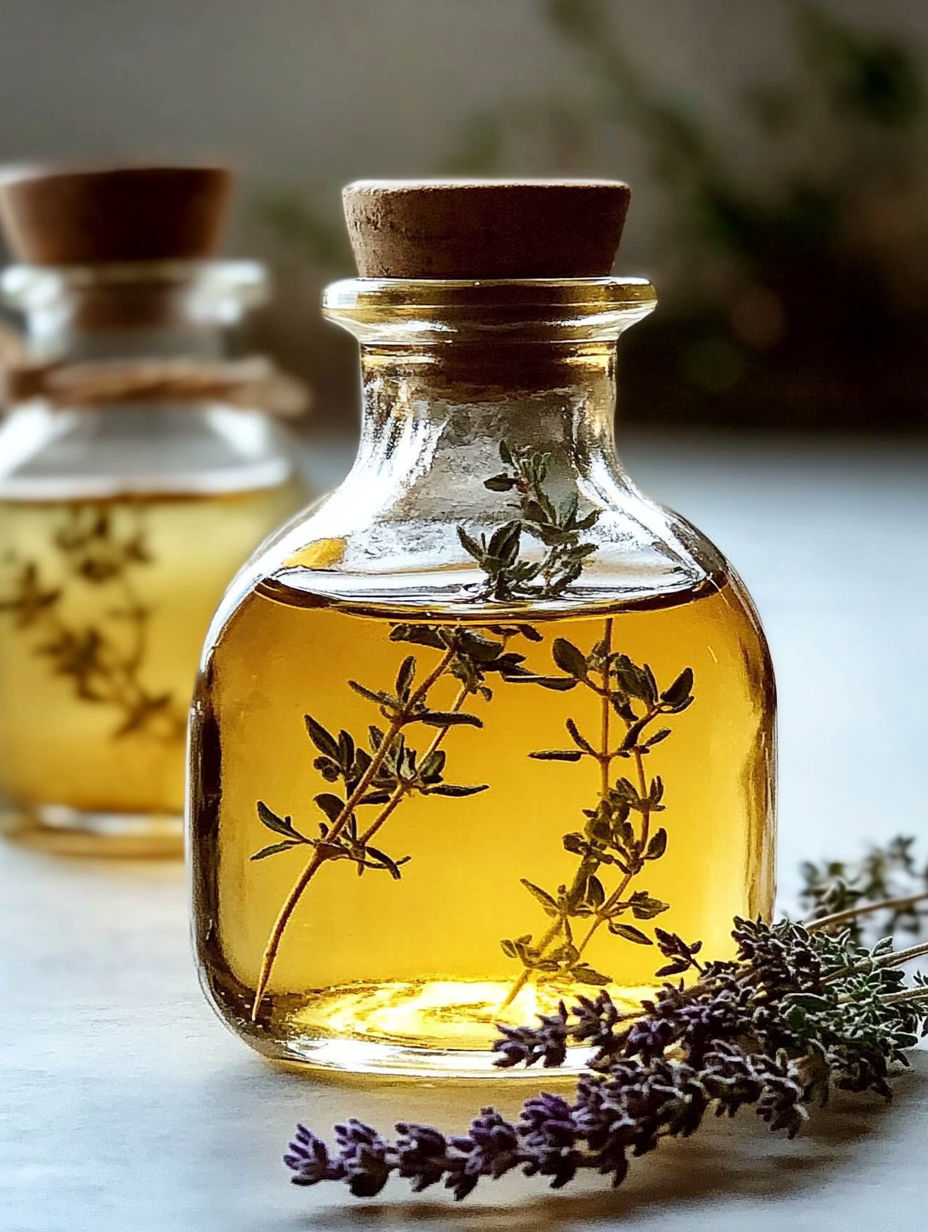 A bottle of oil with a plant in it.