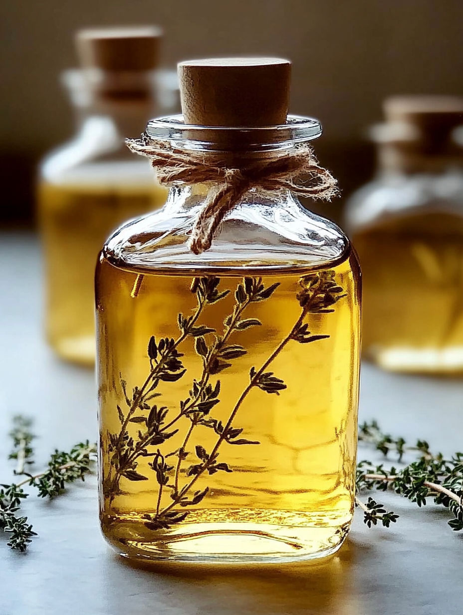 A bottle of oil with a plant in it.