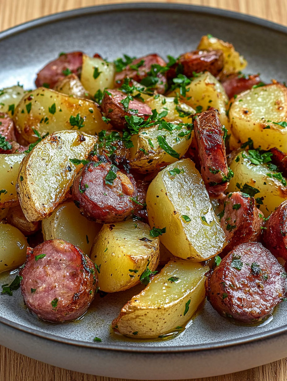 A plate of food with potatoes and sausage.