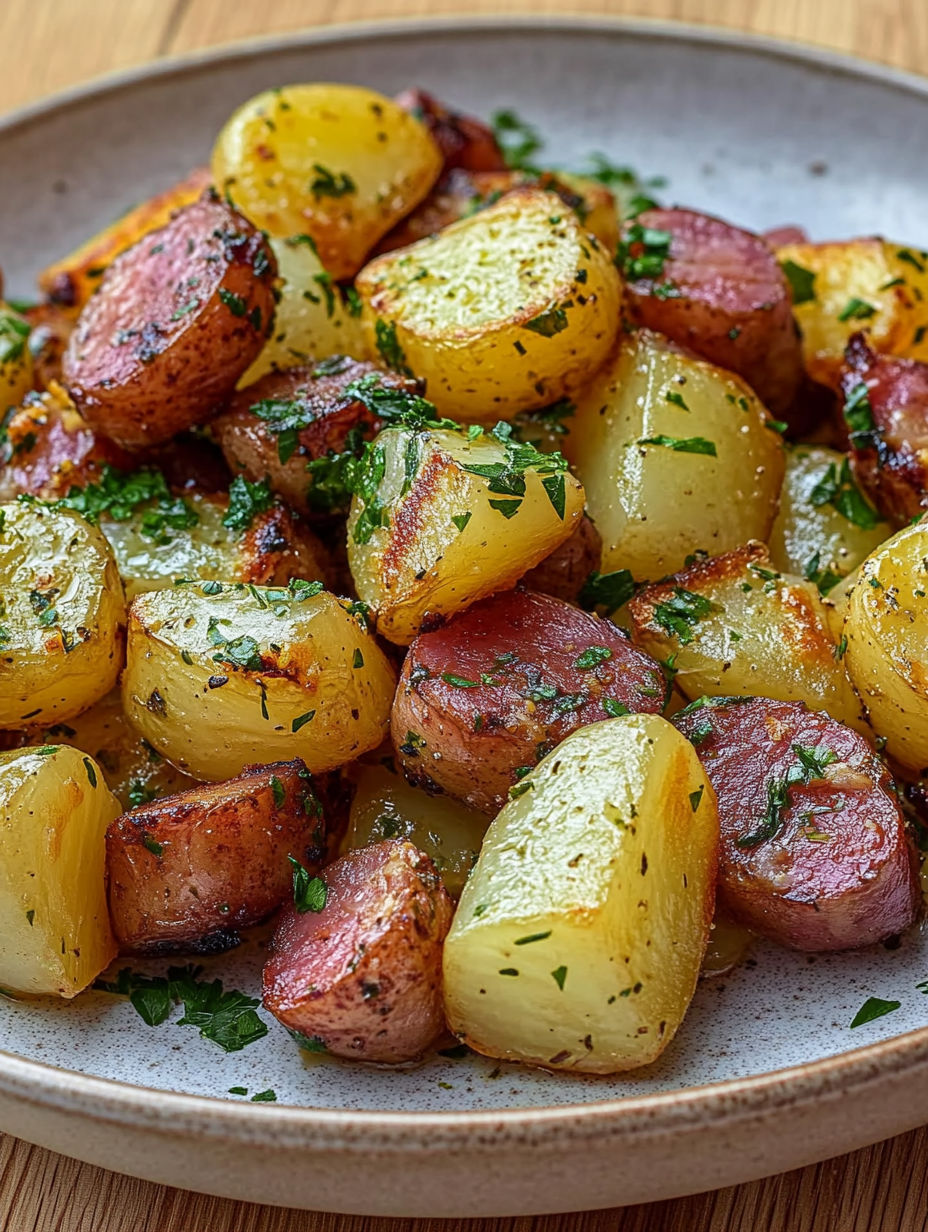 A plate of food with potatoes, onions, and herbs.