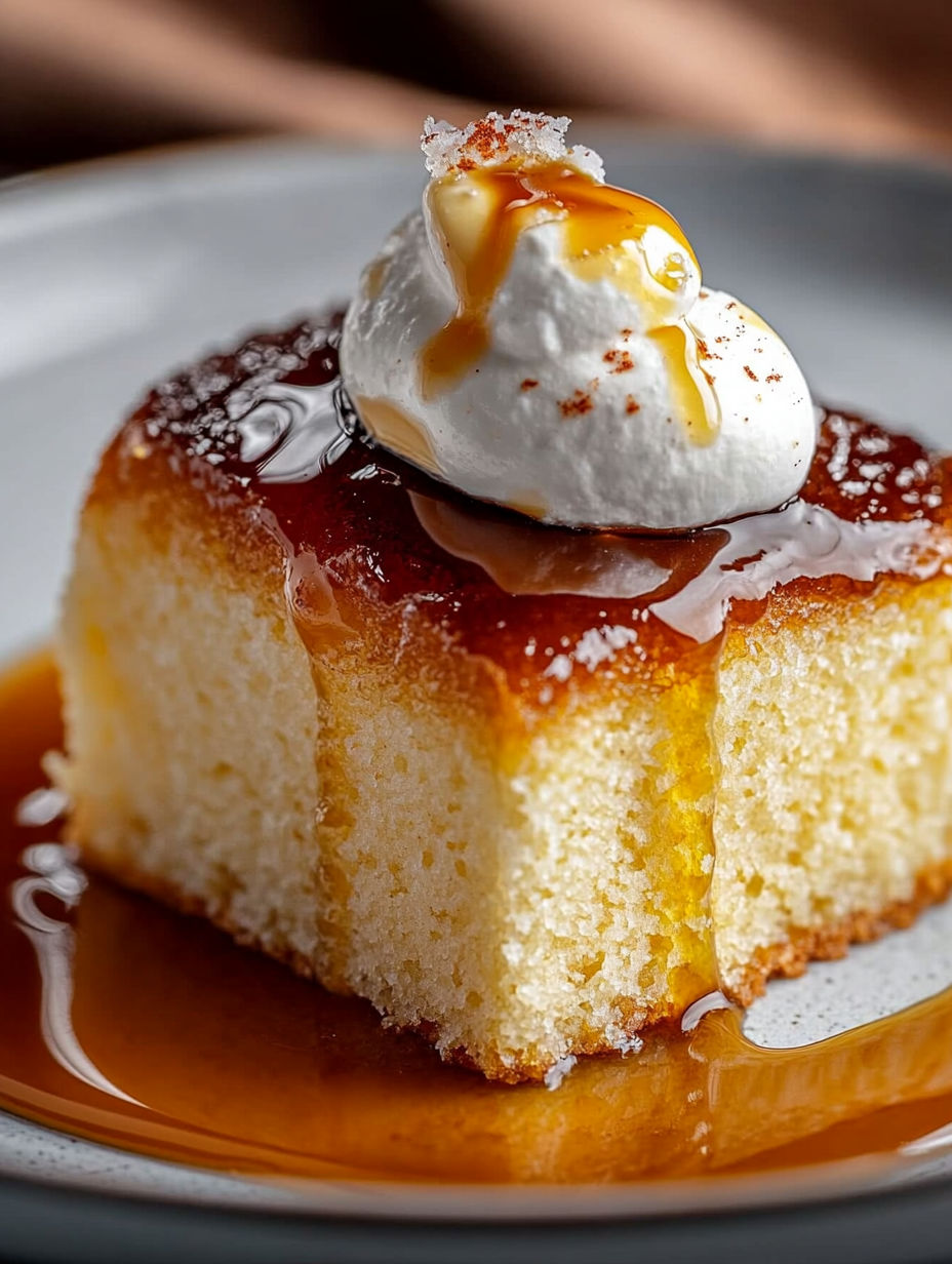 A slice of cake with whipped cream on top.
