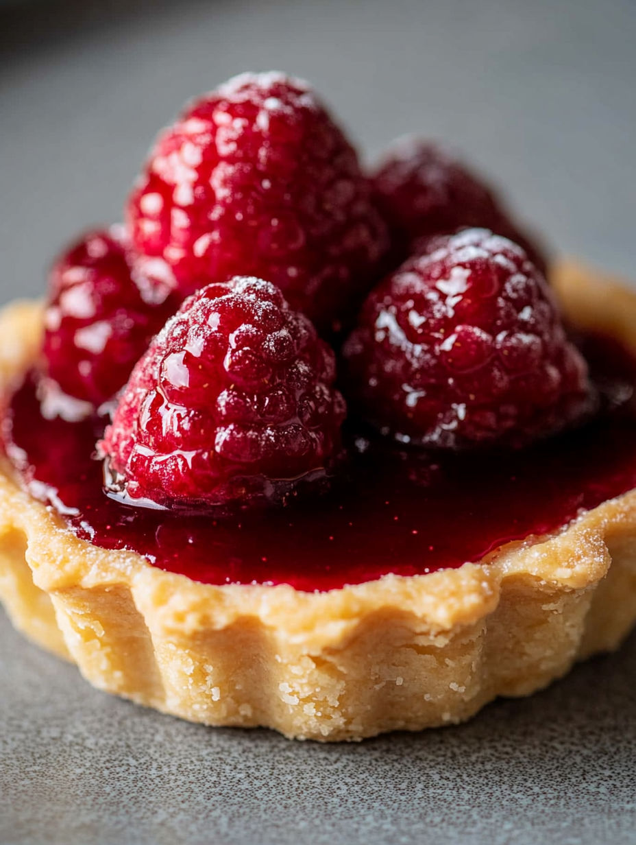 A close up of a raspberry tart with a few raspberries on top.